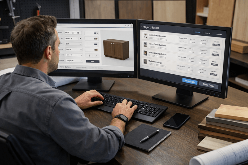 A person looking at computer screen of CabinetApp